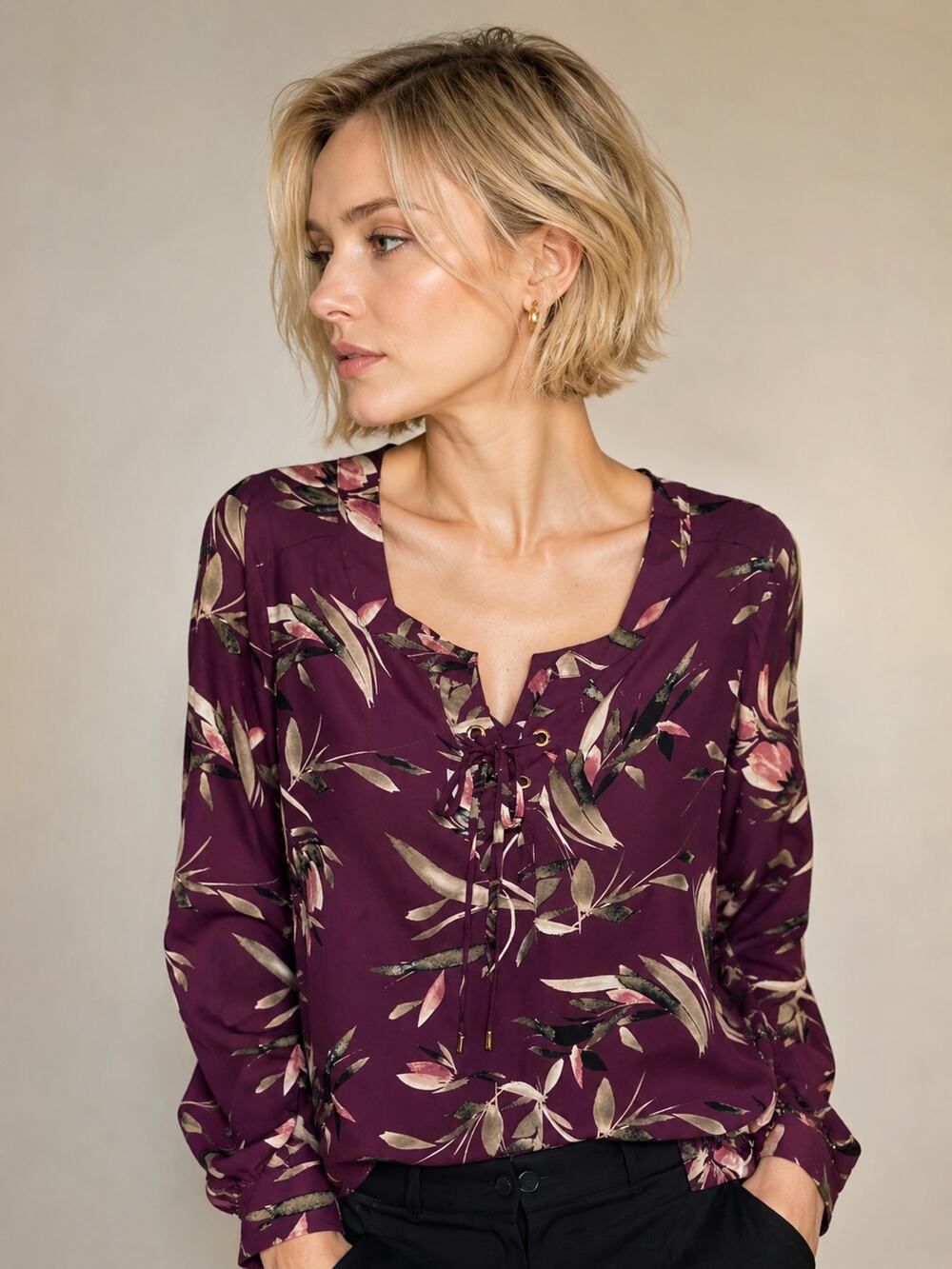 LR3807 Avenue Floral Lace Up Blouse Purple Pink Long Sleeve Lightweight Womens